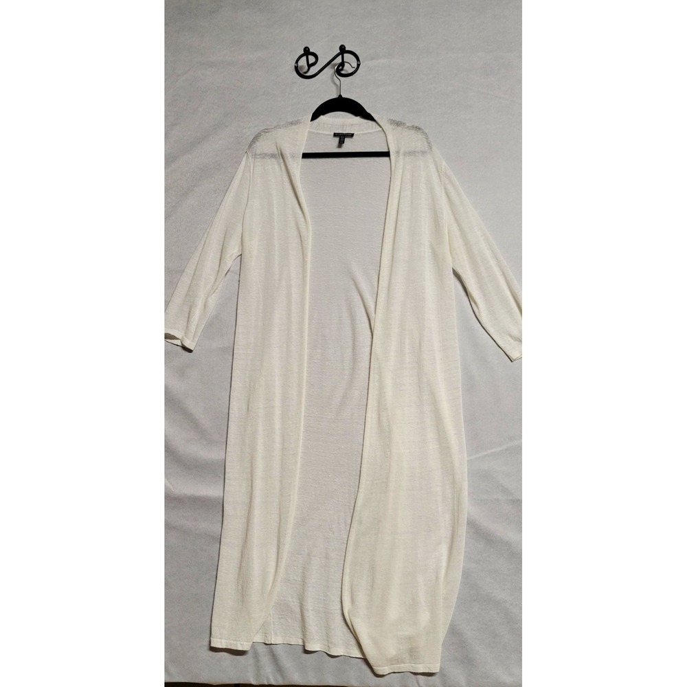 Eileen Fisher White Solid Knit Open Front 3/4 Sleeve Linen Blend Cardigan M